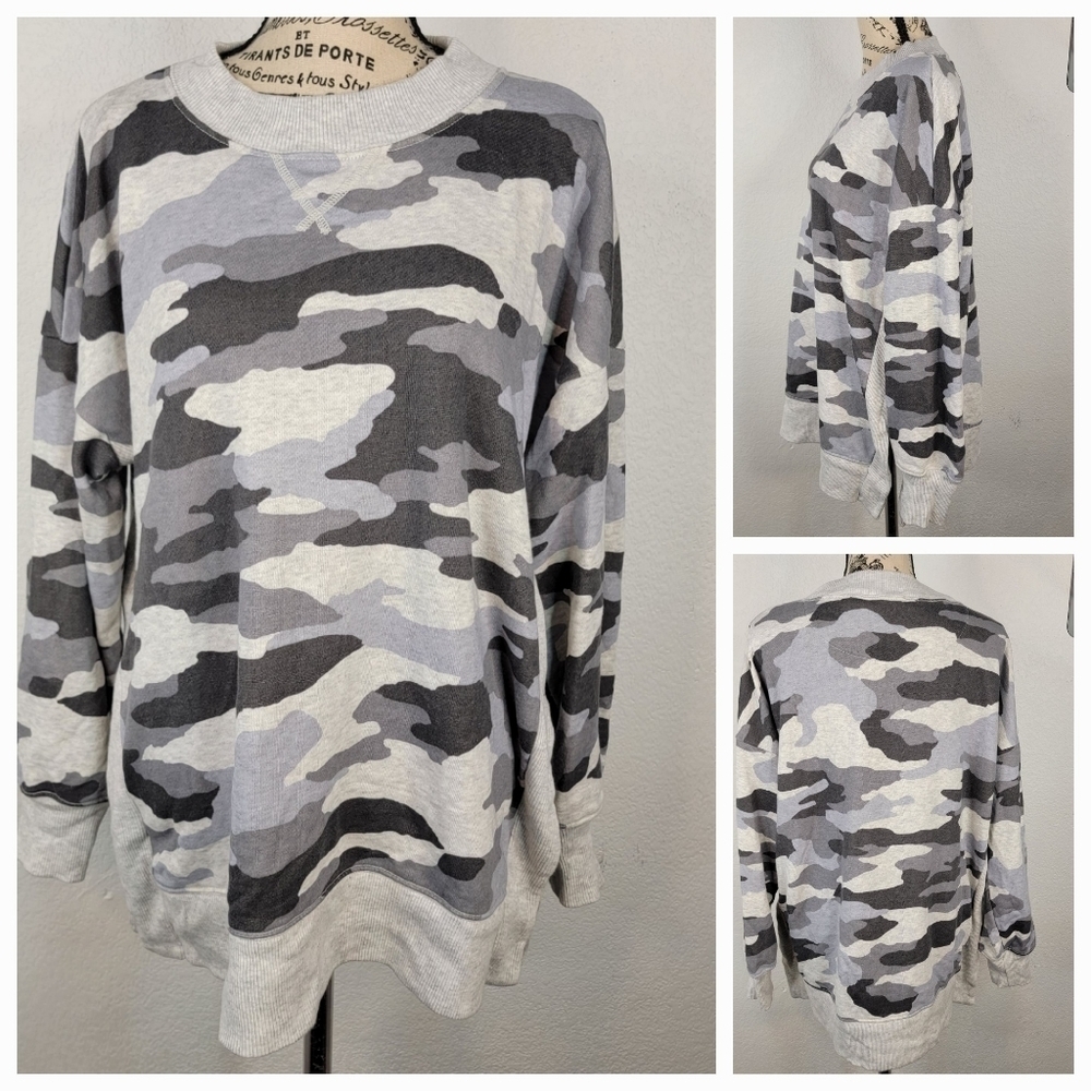 Aerie Sz S Gray Camo Sweater Longline Long Sleeve Side Slits